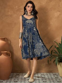 InWeave - Dark Teal Rose Print Sweetheart Dress