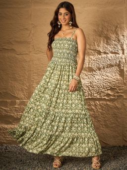 InWeave - Apple Green Ikkat Tiered Dress