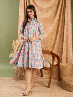 InWeave - Peach Blue Ikkat Collar Dresss