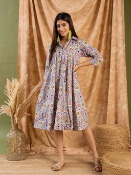 InWeave - Light Grey Olive Ikkat Collar Dresss