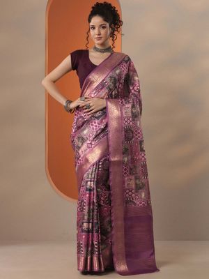 Generic Women's Silk Blend Self Design Bollywood Saree With Unstitched Blouse (5.5Mtr, Purple) main image 0