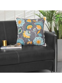 ODE & CLEO - Cotton Floral Embroidered Premium Cushion Cover Grey (18X18 Inches)
