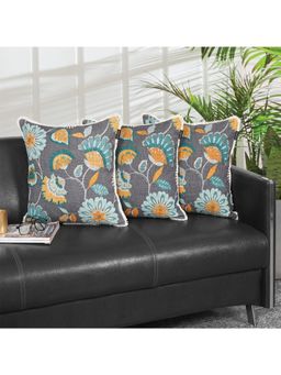 ODE & CLEO - Cotton Floral Embroidered Premium Cushion Covers Grey (Pack Of 3) (18X18 Inches)