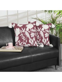 ODE & CLEO - Cotton Cushion Covers With Floral Embroidery Maroon (Pack Of 2) (18X18 Inches)