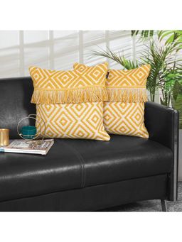 ODE & CLEO - Cotton Printed Premium Danglers Cushion Covers Mustard (Pack Of 2) (18X18 Inches)