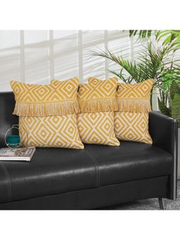 ODE & CLEO - Cotton Printed Premium Danglers Cushion Covers Mustard (Pack Of 3) (18X18 Inches)