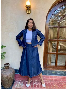 Label Tanvee - Navy Blue Denim Blazer & Skirt (Set of 2)