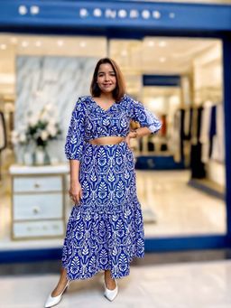 Label Tanvee - Blue Printed Crop Top & Skirt (Set of 2)