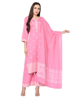 Safaa - Pink Cotton Jacquard Chikankari Unstitched Kurta And Salwar With Dupatta (Set of 3)
