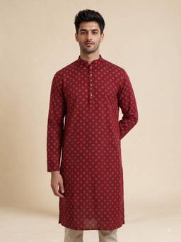 Diwas by Manyavar - Maroon Blended Cotton Printed Kurta