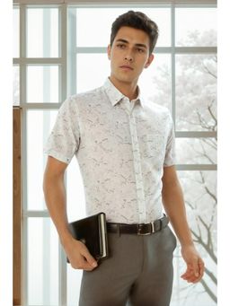 Louis Philippe - Men White Slim Fit Print Half Sleeves Formal Shirt