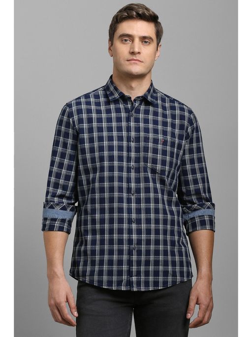 Louis Philippe Men Navy Slim Fit Check Full Sleeves Casual Shirt