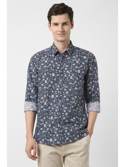 Peter England - Men Navy Blue Slim Fit Print Full Sleeves Casual Shirt