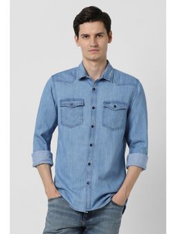 Peter England - Men Blue Slim Fit Solid Full Sleeves Casual Shirt