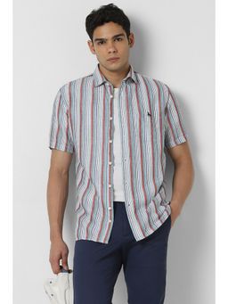 Van Heusen - Men White Slim Fit Stripe Half Sleeves Casual Shirt