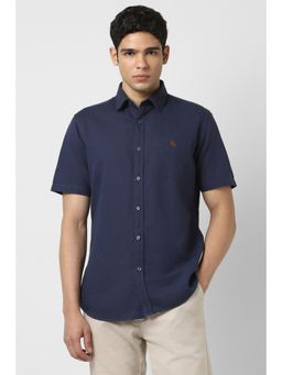 Van Heusen - Men Navy Blue Slim Fit Textured Half Sleeves Casual Shirt