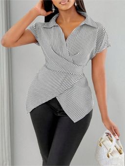 Outzidr - Grey Short Sleeve Striped Wrap Shirt