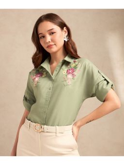 Outzidr - Green Floral Embroidered Shirt with Drop Shoulder