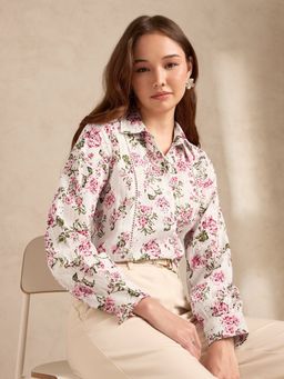 Outzidr - Multi Floral Printed Schiffli Long Sleeves Shirt