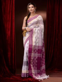 CHARUKRITI - White and Purple Pure Cotton Checkered Geometric Patterns Saree with Unstitched Blouse