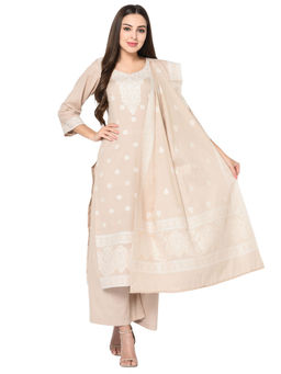 Safaa - Camel Colour Cotton Jacquard Chikankari Unstitched Kurta And Salwar With Dupatta (Set of 3)