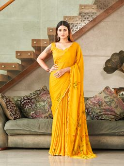 Tikhi Imli - Mustard Colored Polyester Saree with Hand Print & Scalloped Border with Unstitched Blouse