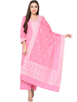 Safaa - Pink Cotton Jacquard Chikankari Unstitched Kurta And Salwar With Dupatta (Set of 3)