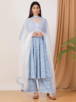 Empress Pitara - Sky Blue Block Printed Kurta And Palazzo With Organza Dupatta (Set of 3)