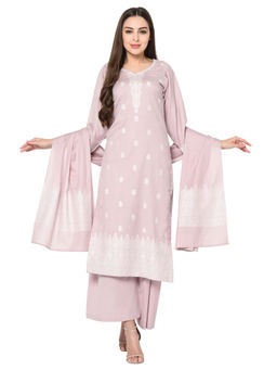 Safaa - Lilac Cotton Jacquard Chikankari Unstitched Kurta And Salwar With Dupatta (Set of 3)