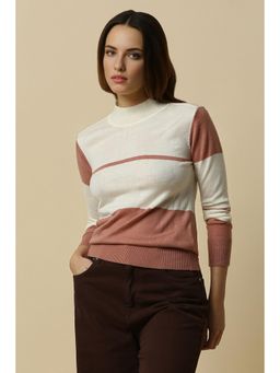 Allen Solly - Women Cream Stripe High Neck Casual Sweater