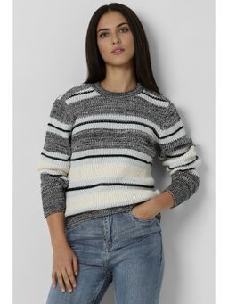 Van Heusen - Women Grey Stripe Round Neck Sweater