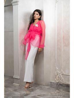 Label Swish - Bloom Hot Pink Organza Maple Leaf Embellished Top and Inner with Belt (Set of 3)