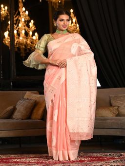 Beatitude - Baby Pink Cotton Linen Saree with Unstitched Blouse