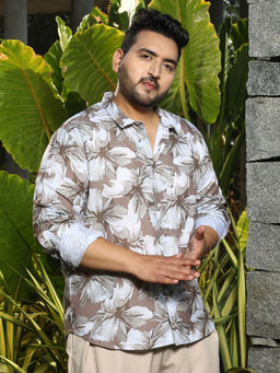 Instafab Plus - Mens Mocha Brown & Moon Grey Floral-Overlap Shirt