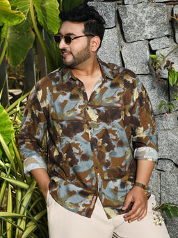 Instafab Plus - Mens Mocha Brown & Moon Grey Blurred-Imprint Shirt