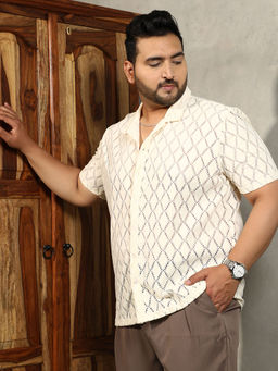 Instafab Plus - Mens Off-White Argyle-Crochet Resort Shirt