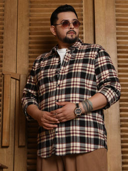 Instafab Plus - Mens Midnight Black & Buff Beige Dark-Plaid Relaxed Shirt