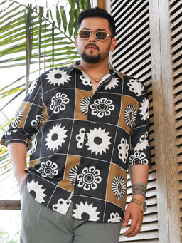 Instafab Plus - Mens Midnight Black & Chocolate Brown Bloom-Bloc Shirt