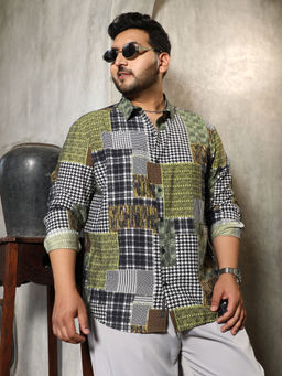 Instafab Plus - Mens Olive Green Houndstooth Block Shirt