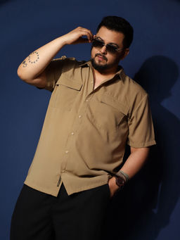 Instafab Plus - Mens Khaki Beige Relaxed Utility Shirt