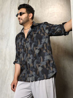 Instafab Plus - Mens Prussian Blue Fray-Stroke Imprint Shirt