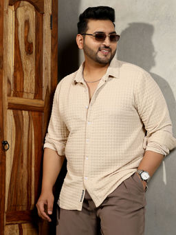 Instafab Plus - Mens Ecru Beige Cube-Textured Shirt