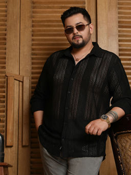 Instafab Plus - Mens Onyx Black Chevron Open-Knit Shirt