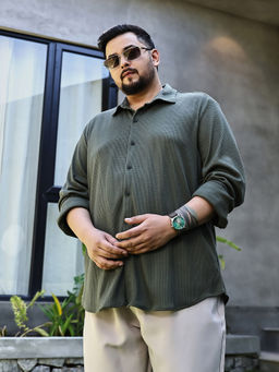 Instafab Plus - Mens Seaweed Green Waffle-Knit Shirt