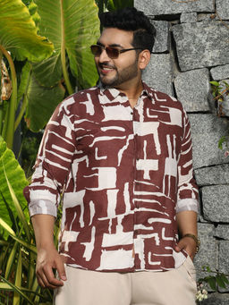 Instafab Plus - Mens Ivory White & Chocolate Brown Abstructural Shirt