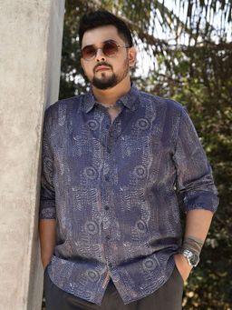 Instafab Plus - Mens Indigo Blue Thread-Imprint Shirt