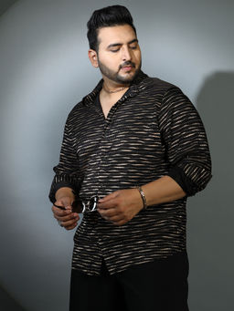 Instafab Plus - Mens Obsidian Black & Antique Gold Vined-Pleated Shirt