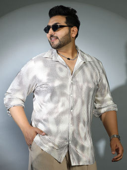 Instafab Plus - Mens Ivory White & Chocolate Brown Prismic-Houndstooth Shirt