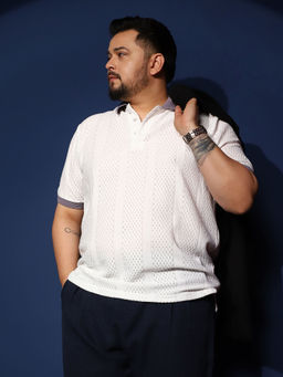 Instafab Plus - Mens Chalk White & Pastel Purple Contrast Open-Knit Polo T-shirt