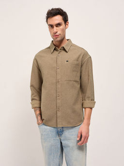 The Bear House - Mens Relaxed Fit Beige Solid Casual Overshirt